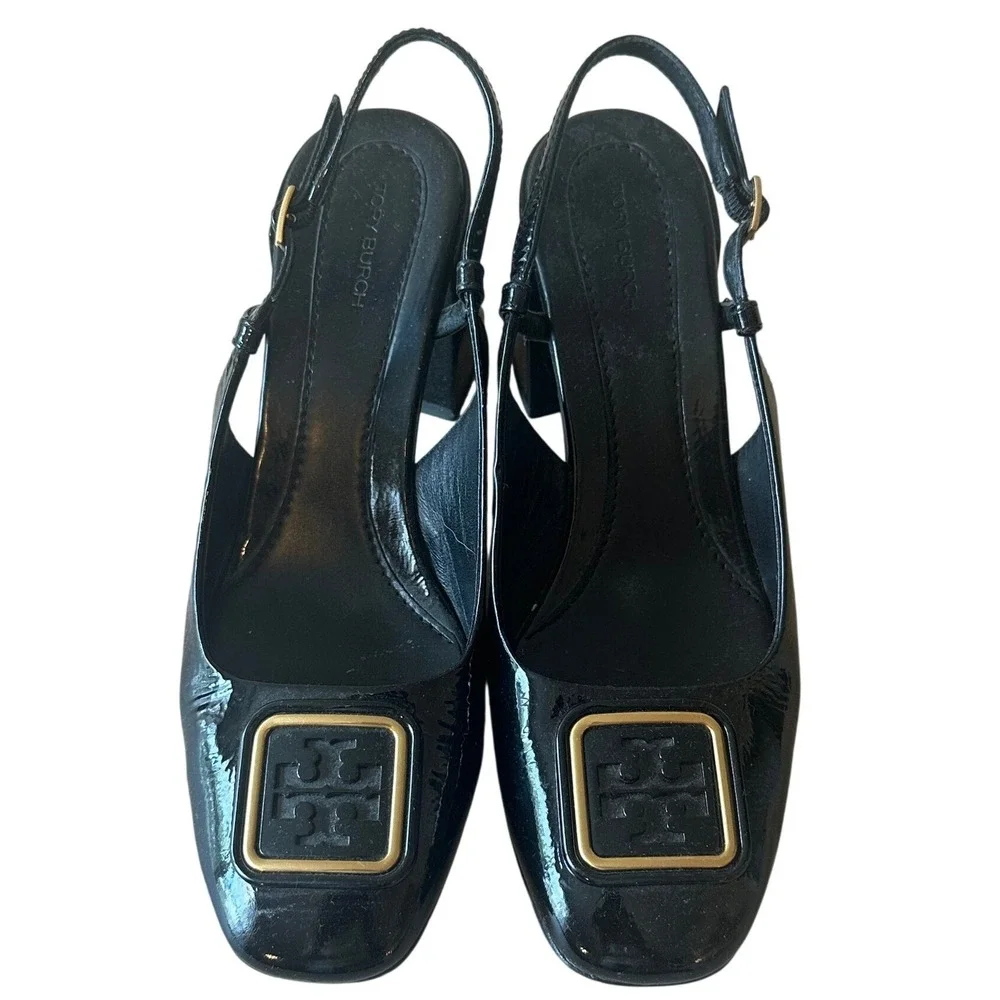 Tory Burch Georgia Black Patent Slingback Block Heel Pumps Size 8.5